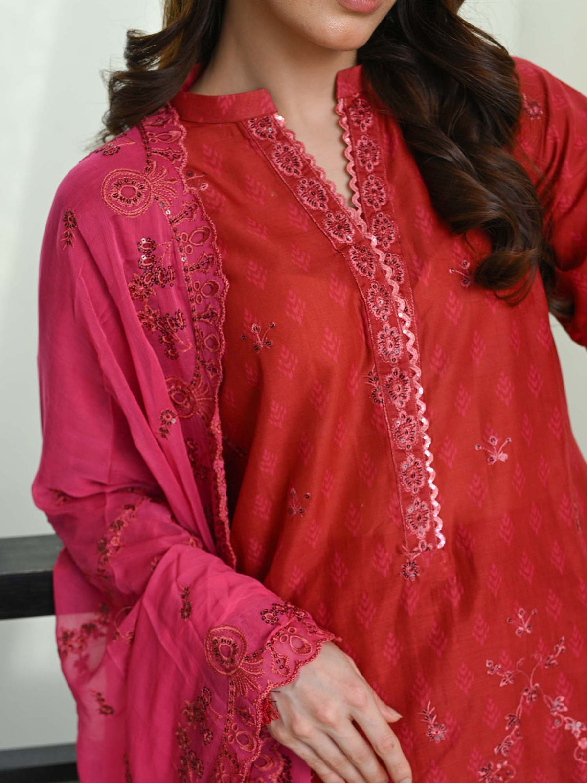 Red Chikankari Pret Eid Suit D-02