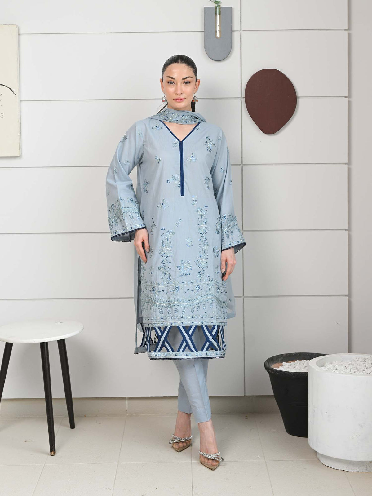 Light Blue Embroidered Masuri Pret Eid Suit D-07