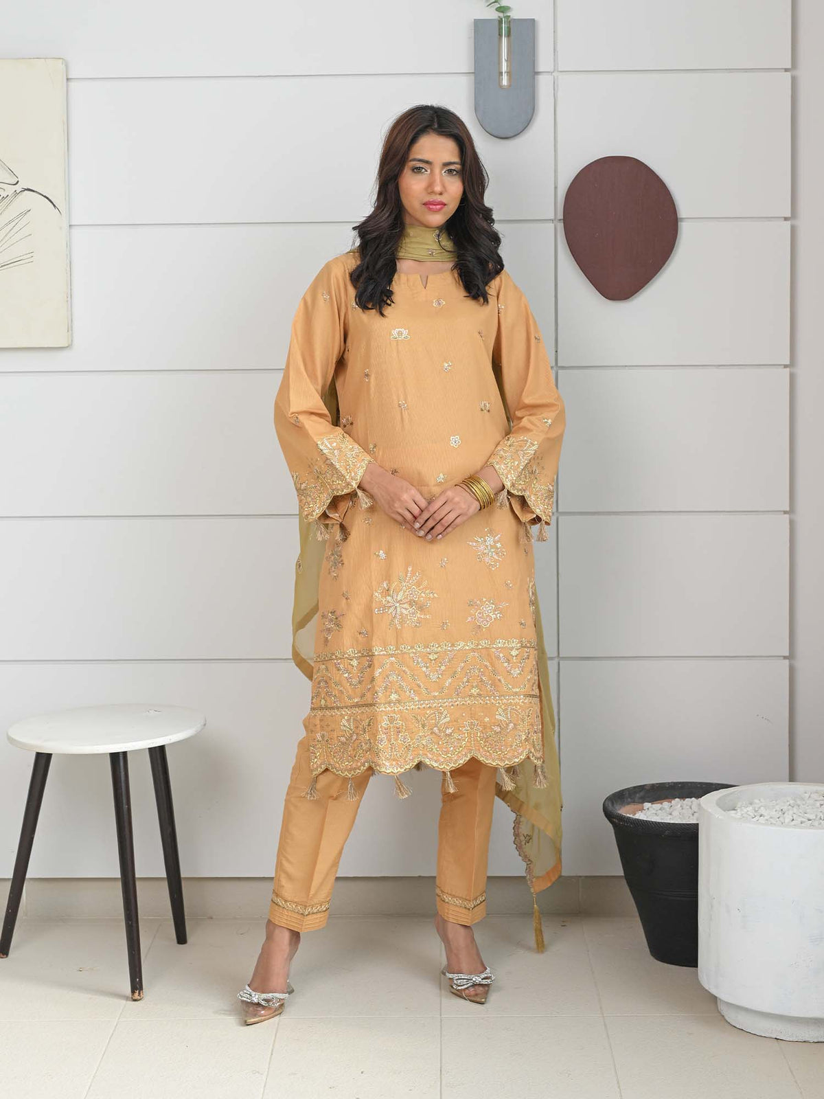 Amber Yellow Embroidered Masuri Pret Eid Suit D-09