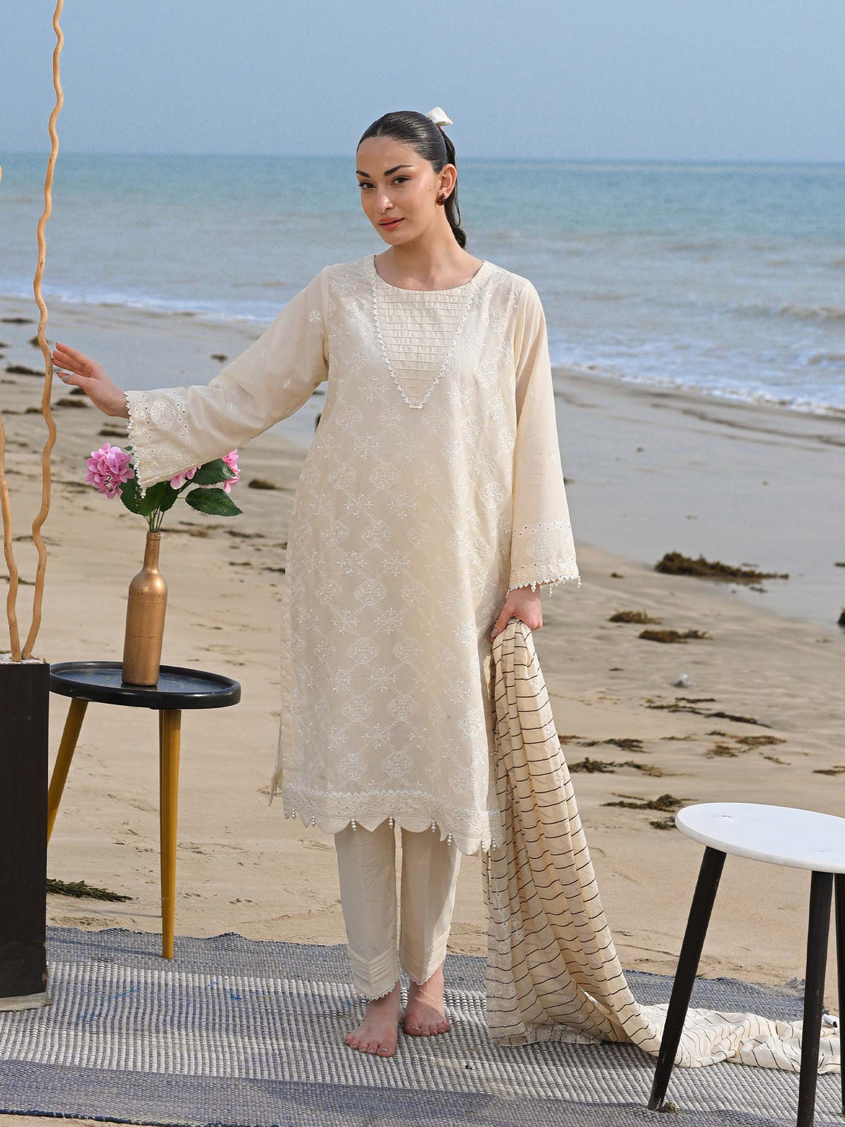 White Embroidered Schiffli Pret Eid Suit D-01