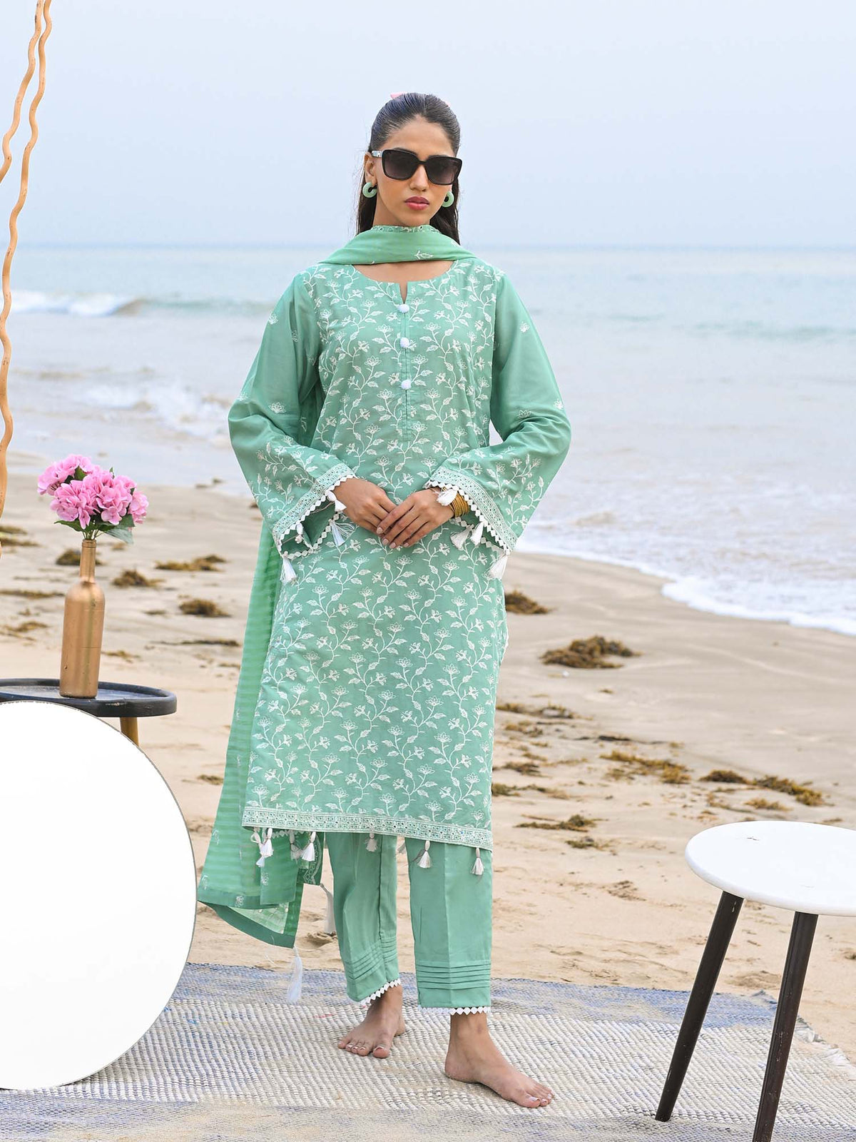 Green Embroidered Schiffli Pret Eid Suit D-06