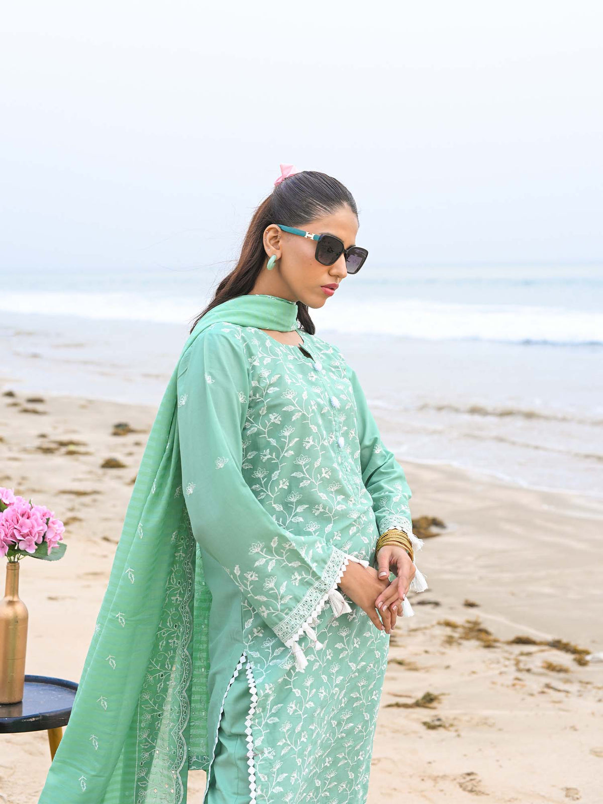 Green Embroidered Schiffli Pret Eid Suit D-06