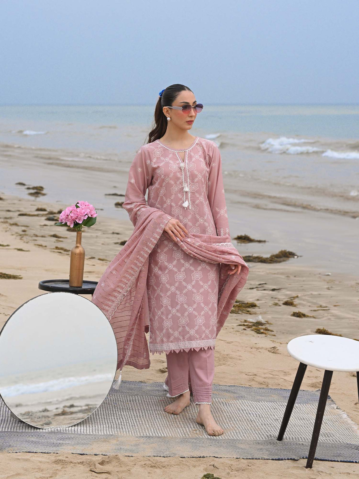 Tea Pink Embroidered Schiffli Pret Eid Suit D-08