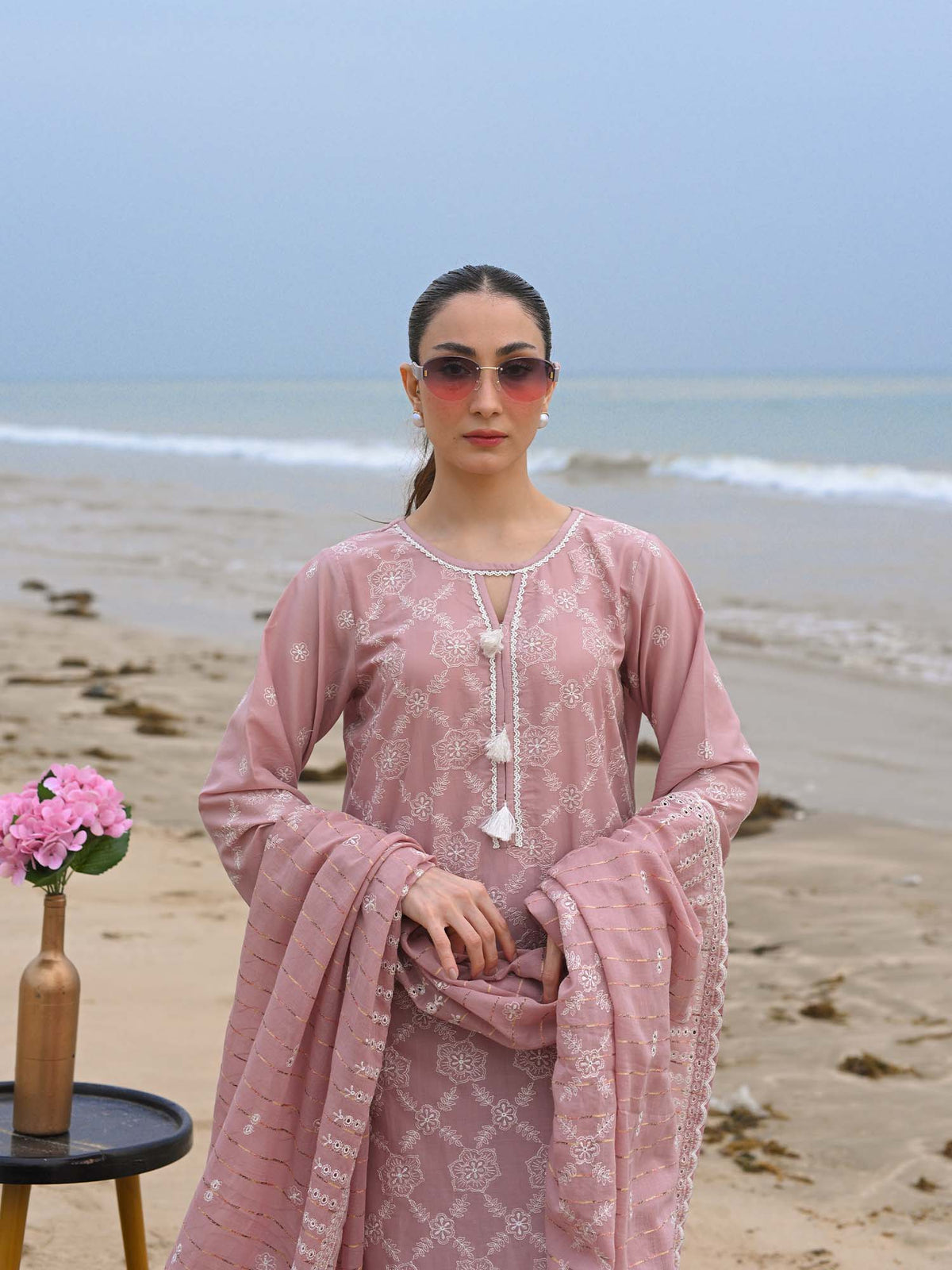 Tea Pink Embroidered Schiffli Pret Eid Suit D-08
