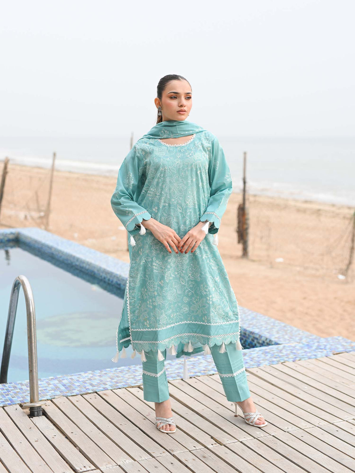 Sea Green Embroidered Lawn Pret Eid Suit D-06