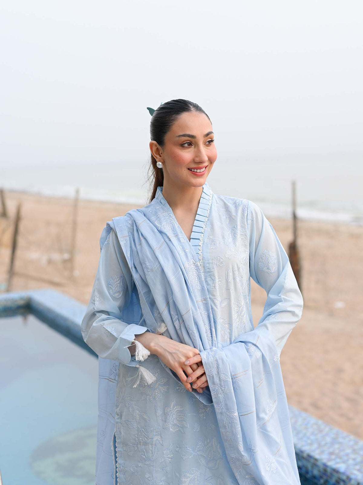 Light Blue Embroidered Lawn Pret Eid Suit D-07