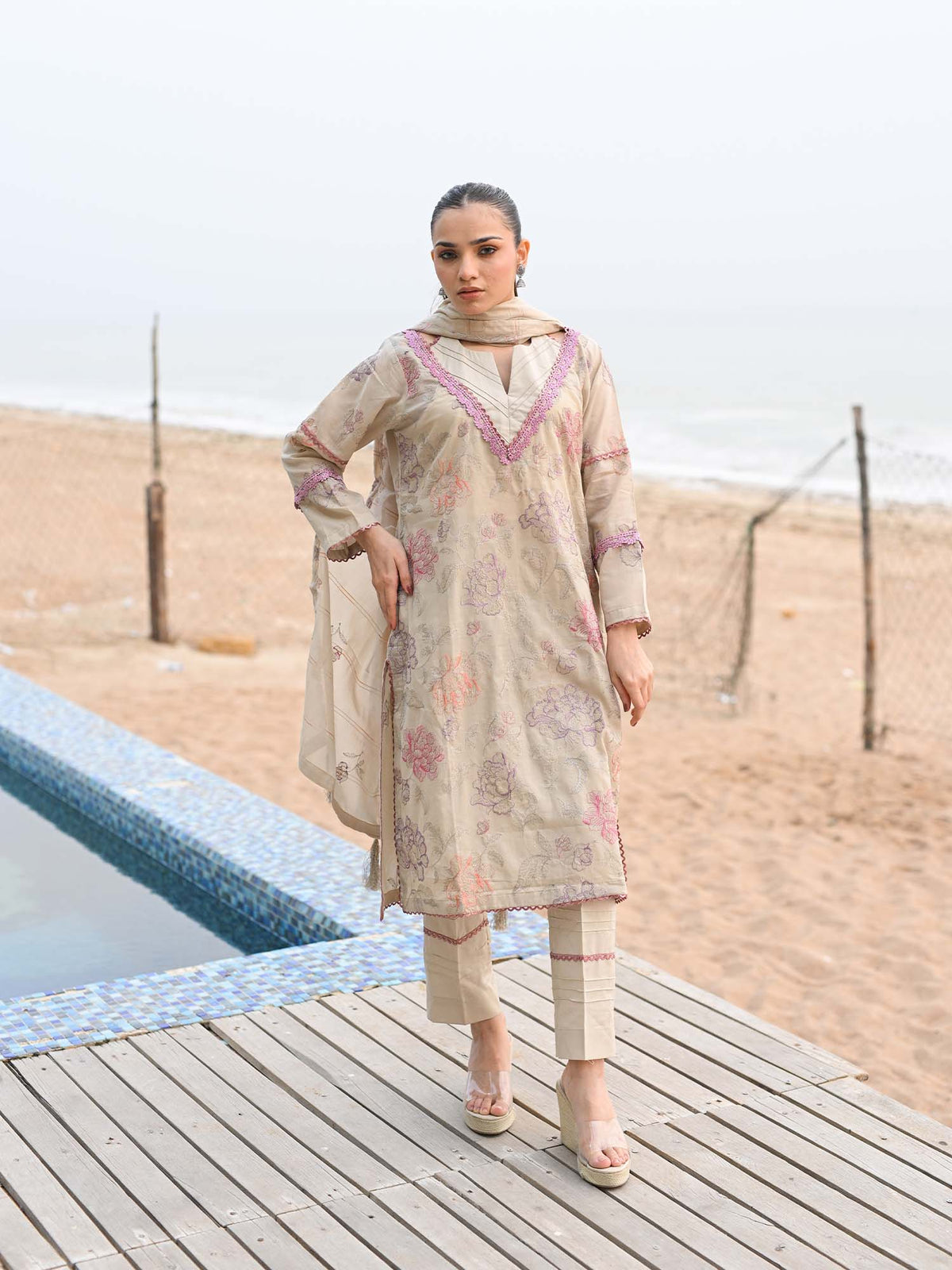 Beige Embroidered Lawn Pret Eid Suit D-09