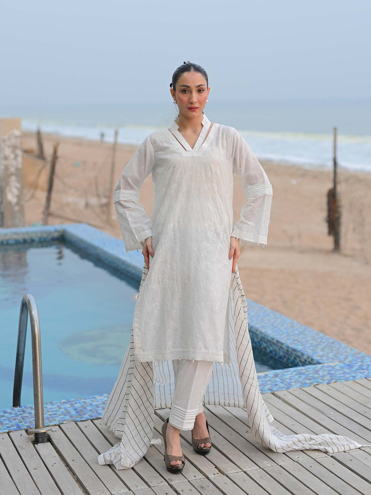 White Embroidered Schiffli Pret Eid Suit D-10