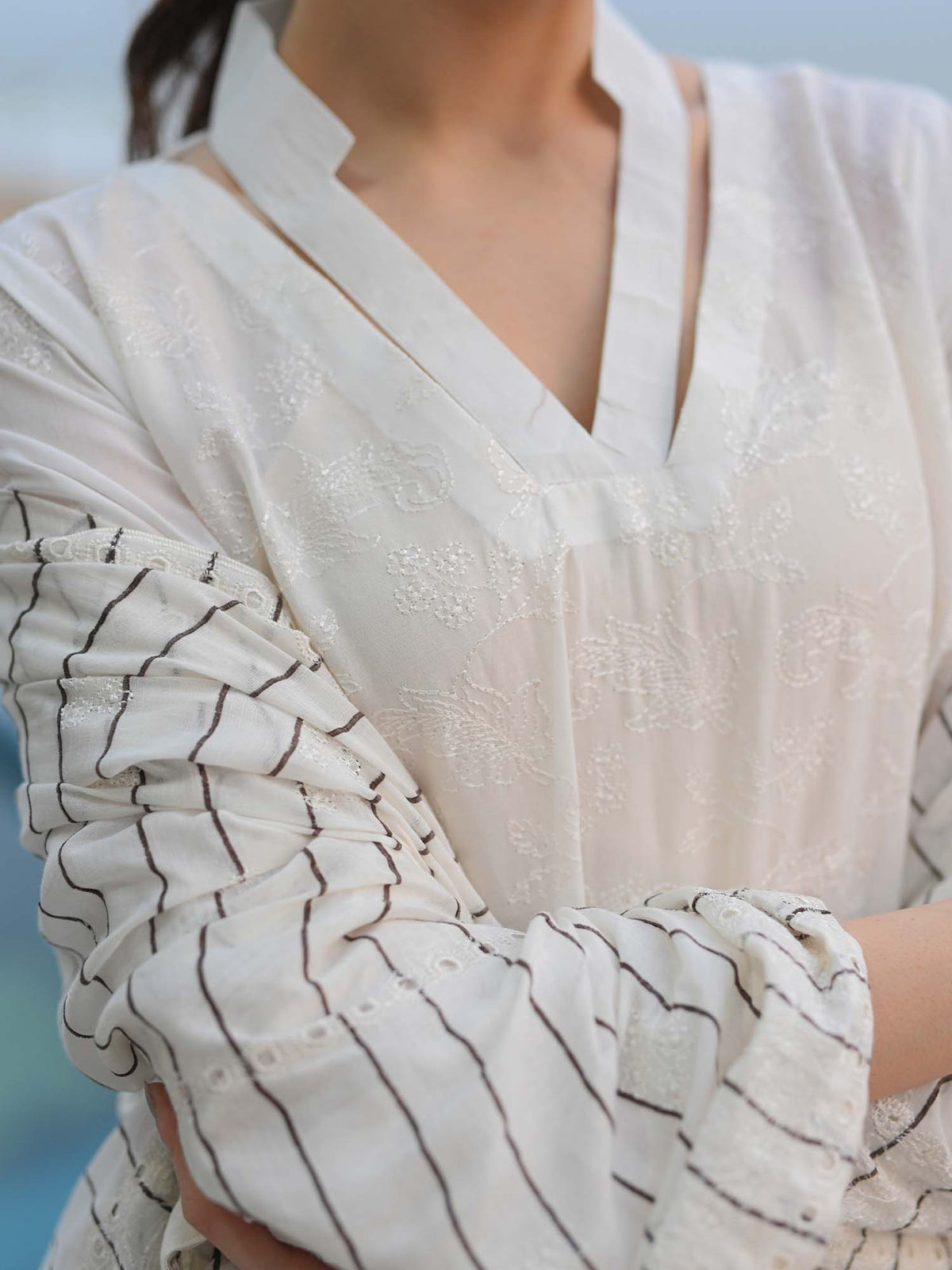 White Embroidered Schiffli Pret Eid Suit D-10