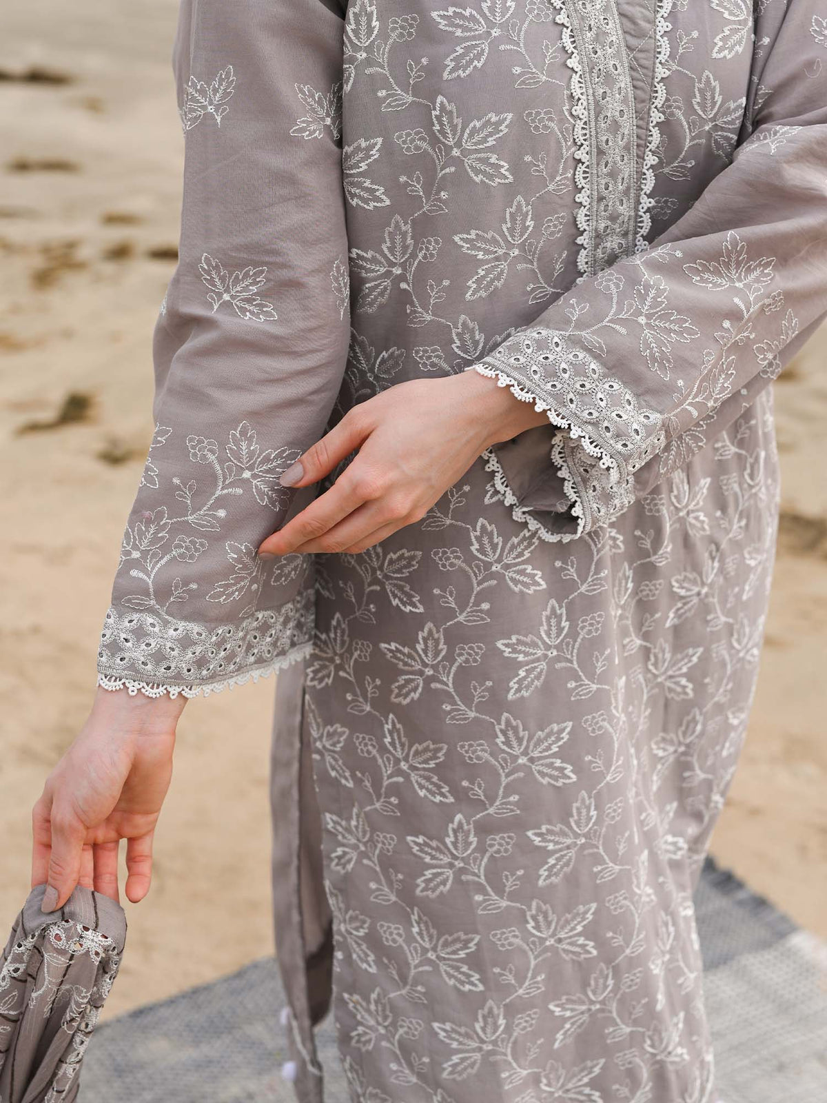 Grey Embroidered Schiffli Pret Eid Suit D-03