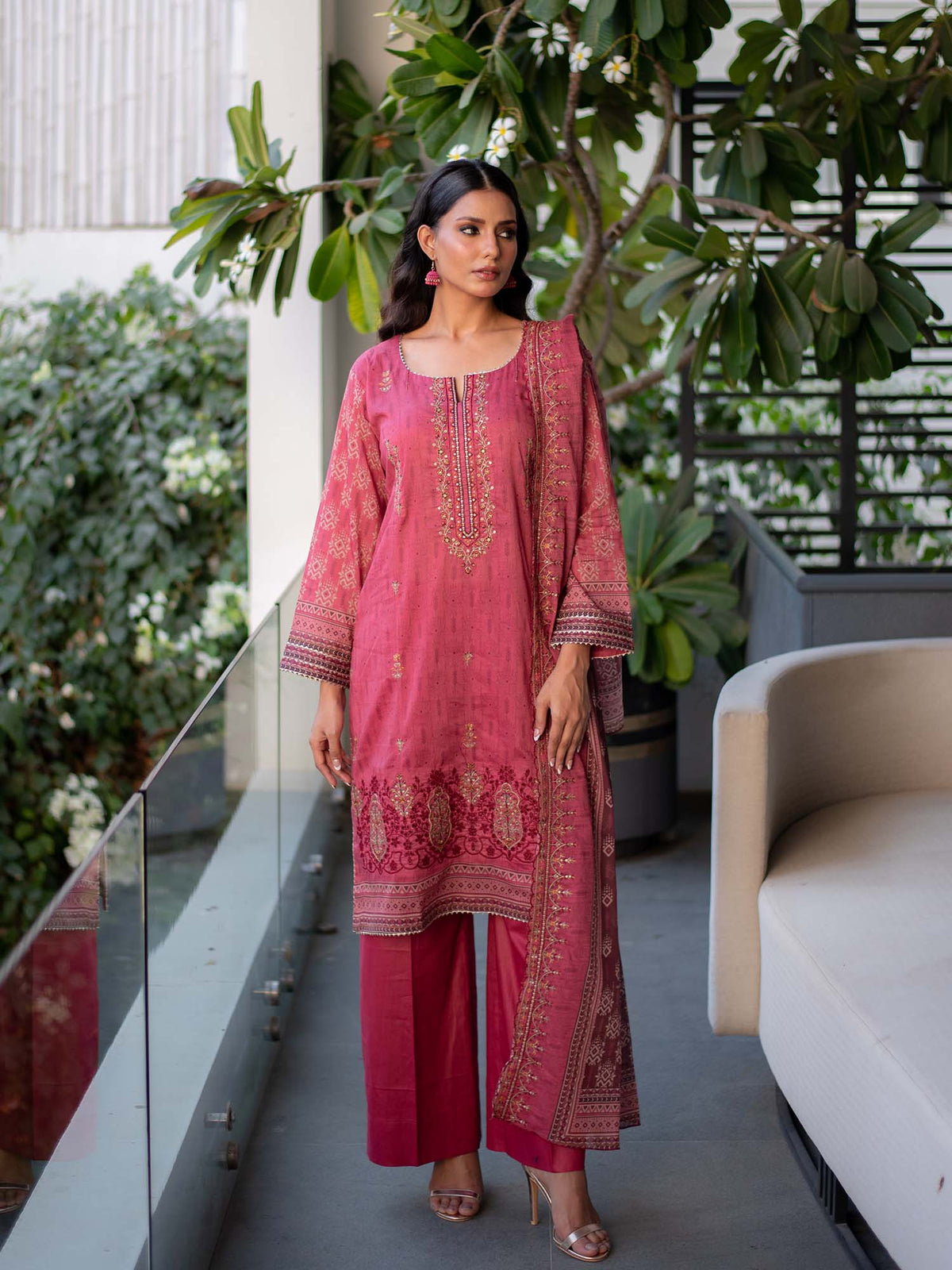 Pink Embroidered Cutwork Pret Lawn 3 piece