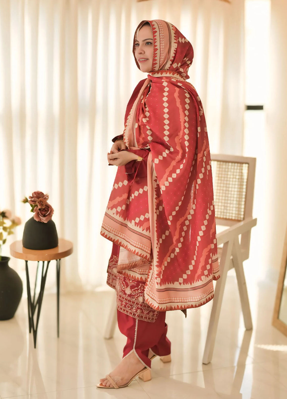 Red Embroidered Cotton Summer 3 Piece Suit Set 07