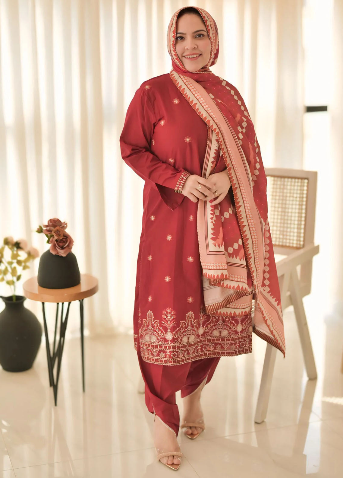 Red Embroidered Cotton Summer 3 Piece Suit Set 07