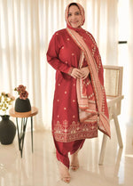 Red Embroidered Cotton Summer 3 Piece Suit Set 07