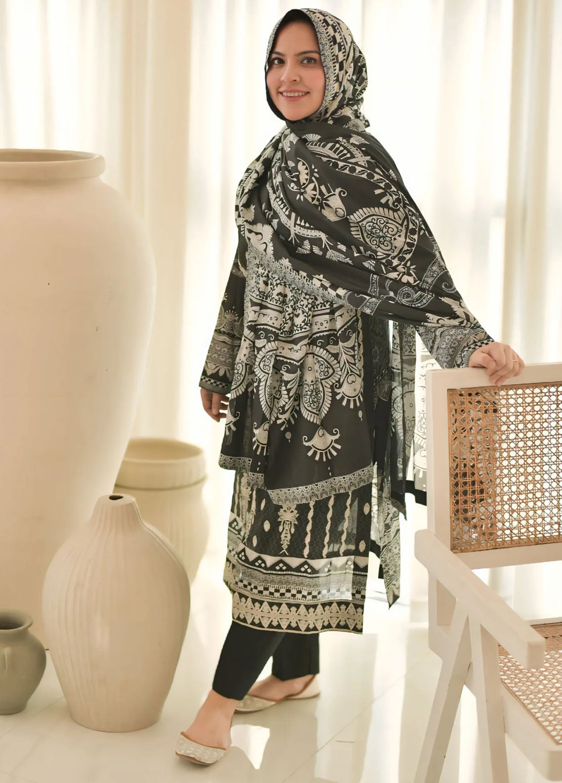 White and Black Premium Embroidered Lawn 3 Piece Suit Set 01