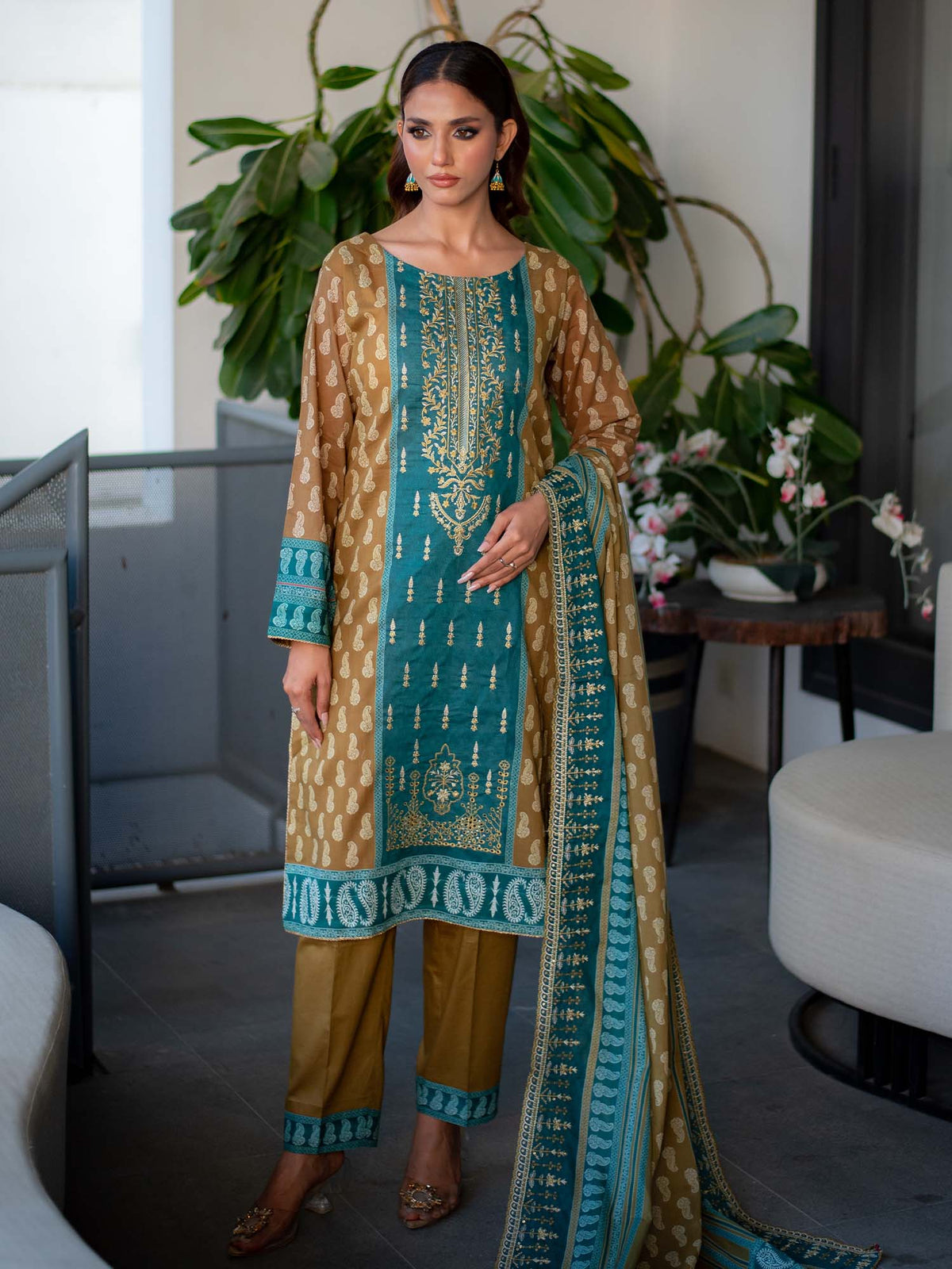 Mustard and Green Embroidered Cutwork Pret Lawn 3 piece Collection
