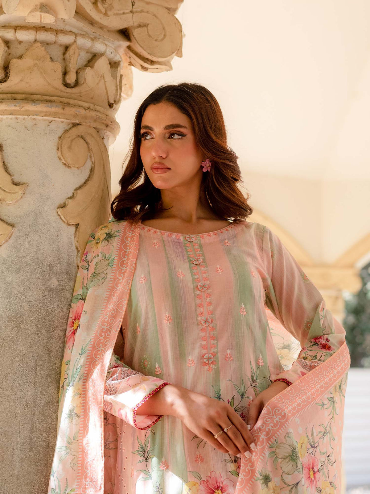 Light pink and green Embroidered Lawn Pret 3 piece suit set 12