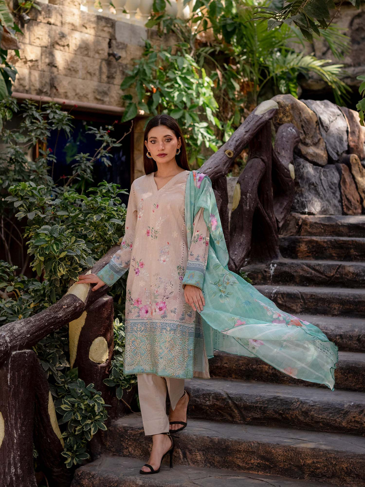 Beige and Green Embroidered Lawn Pret 3 piece suit set 15