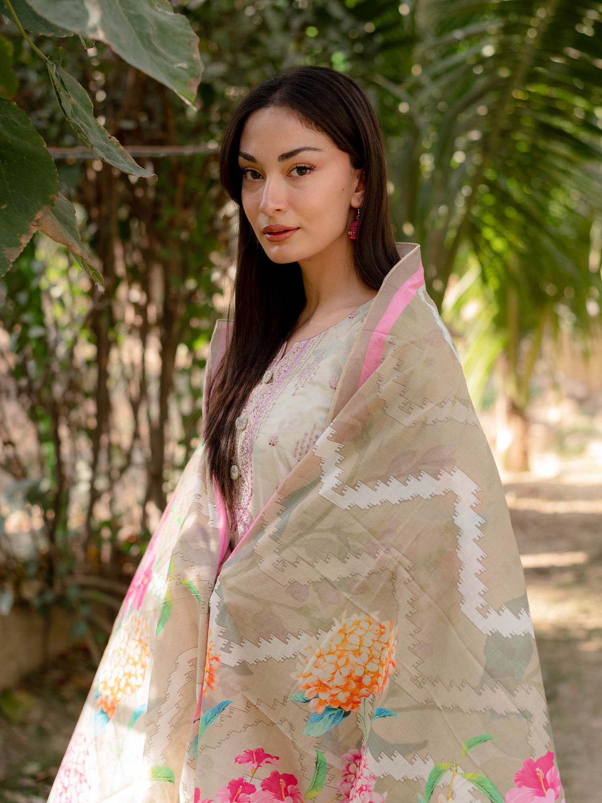 Beige Embroidered Lawn Pret 3 piece suit set 01