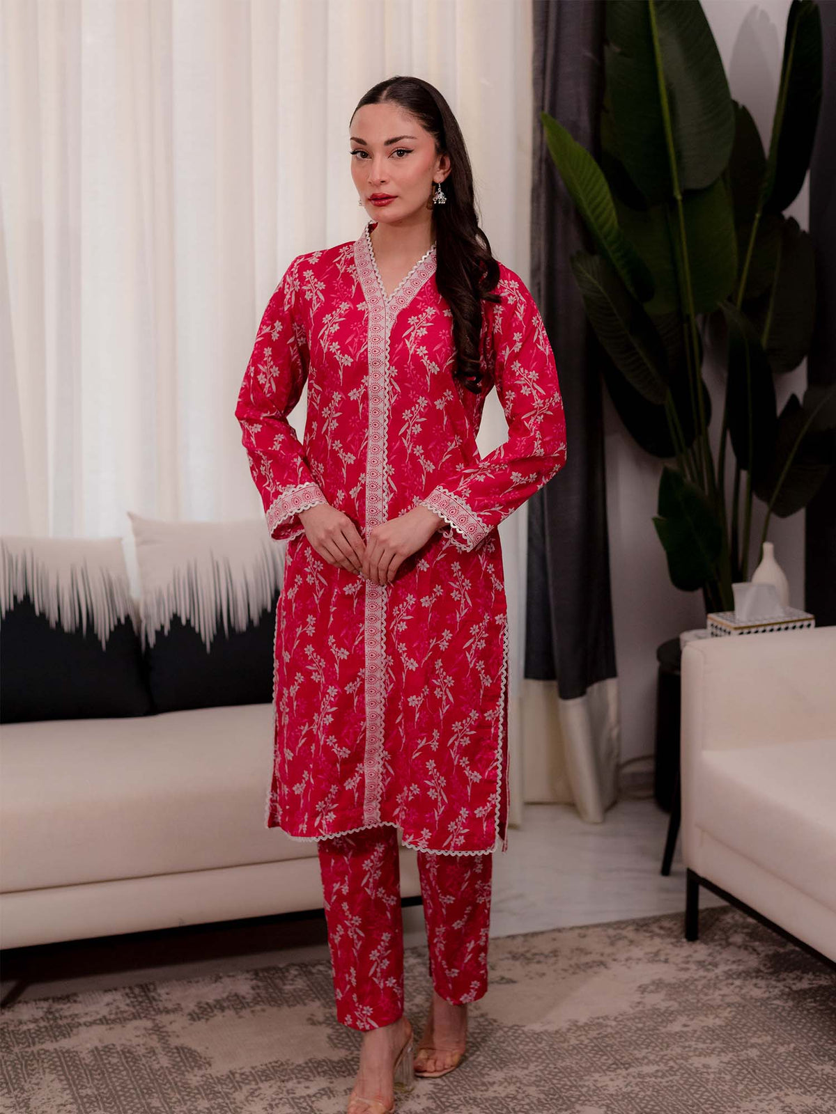Red Printed Doria Lawn Co ord Set 10