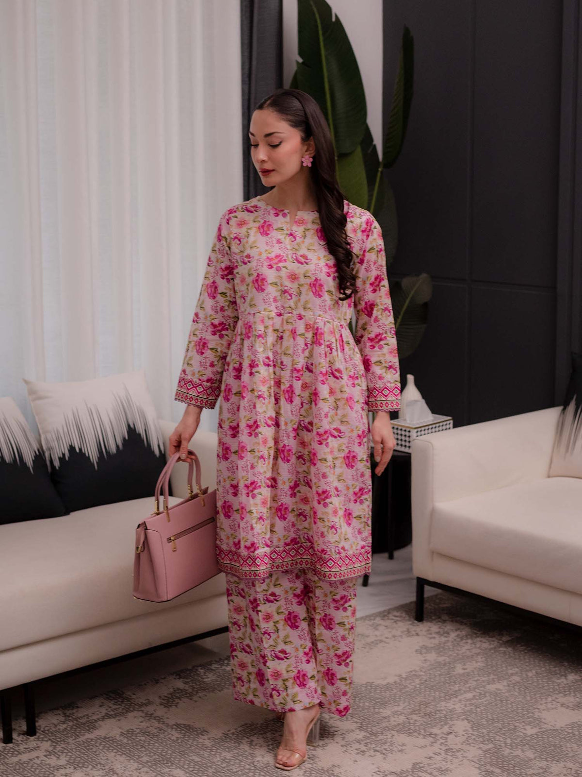 Pink Printed Doria Lawn Co ord Set 08