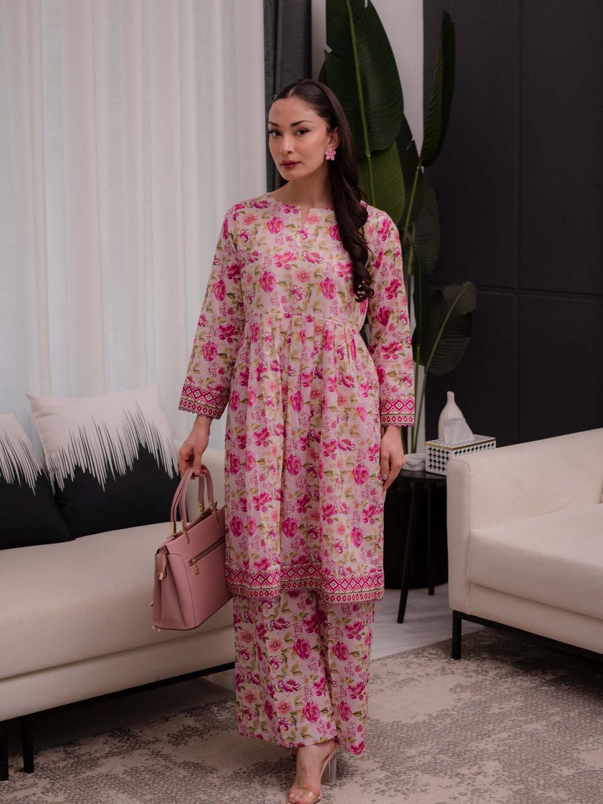 Pink Printed Doria Lawn Co ord Set 08