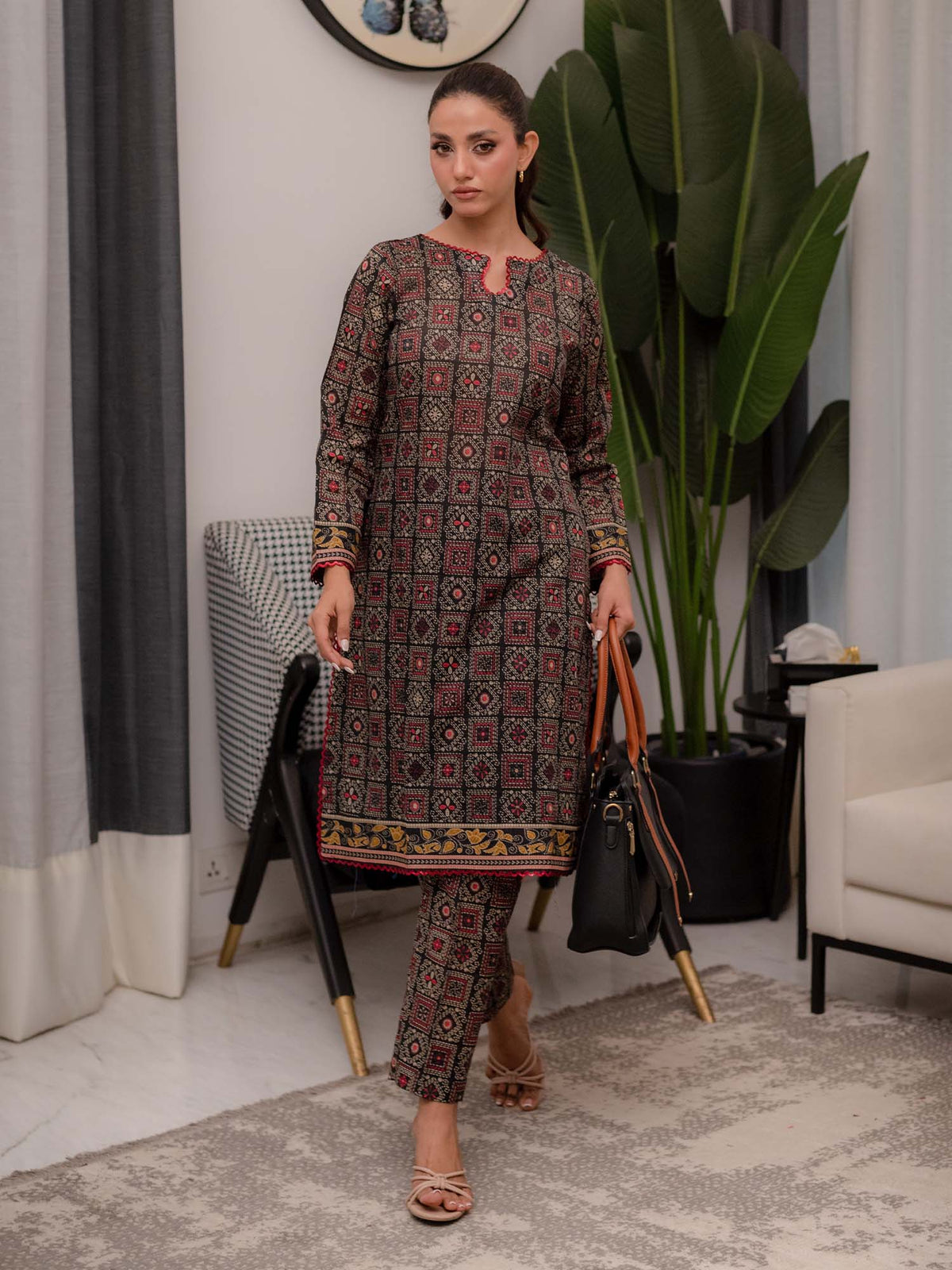 Brown Printed Doria Lawn Co ord Set 01