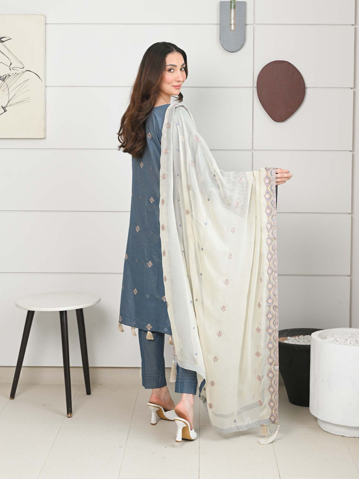 Medium Blue Embroidered Masuri Pret Eid Suit D-06