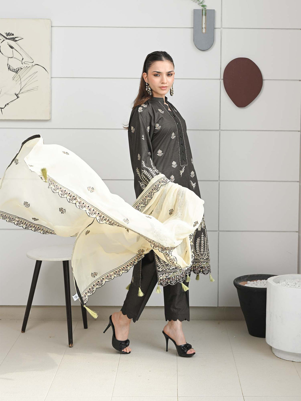 Black Embroidered Masuri Pret Eid Suit D-08