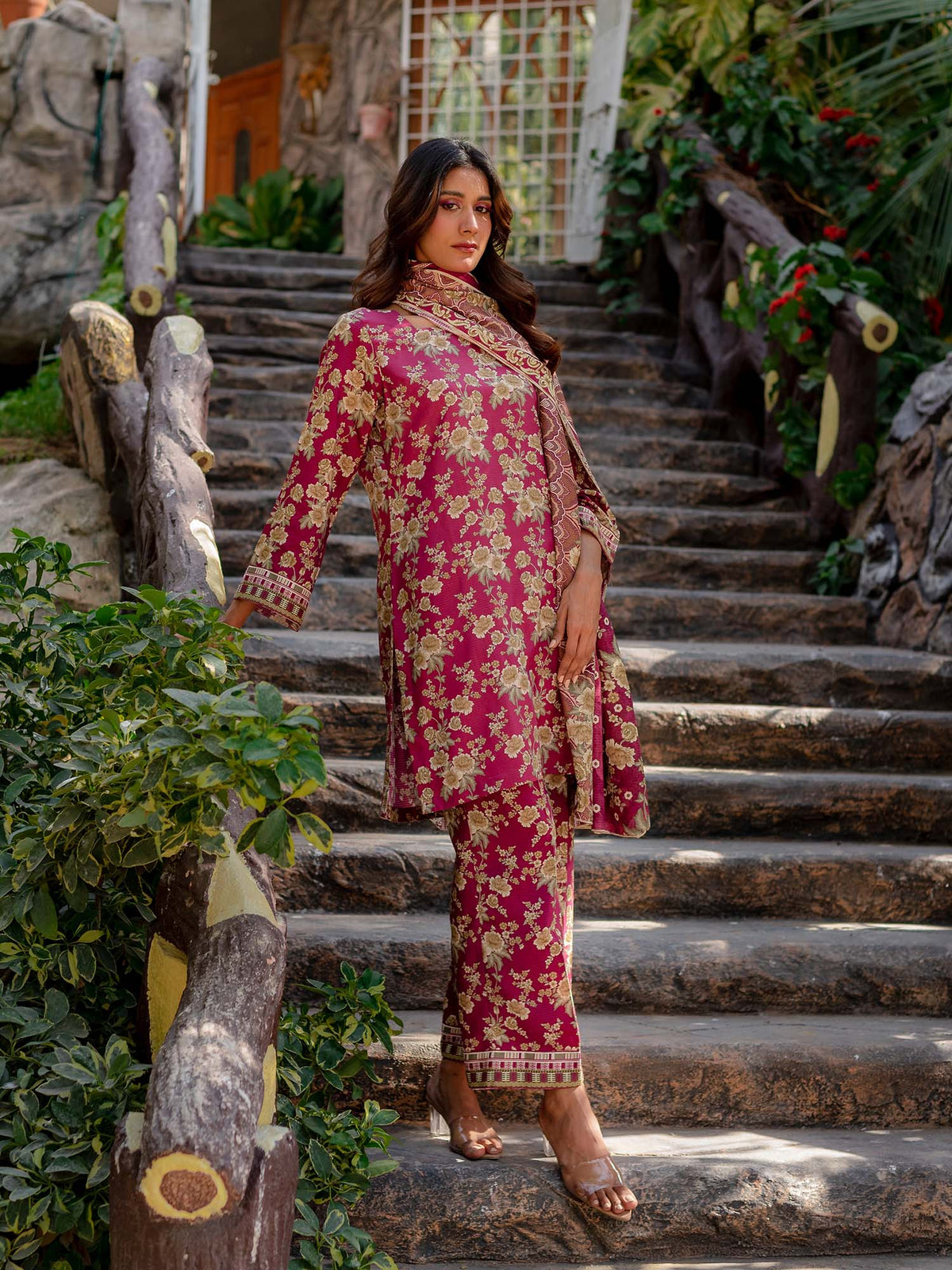 Pink Printed Viscose 3 Piece
